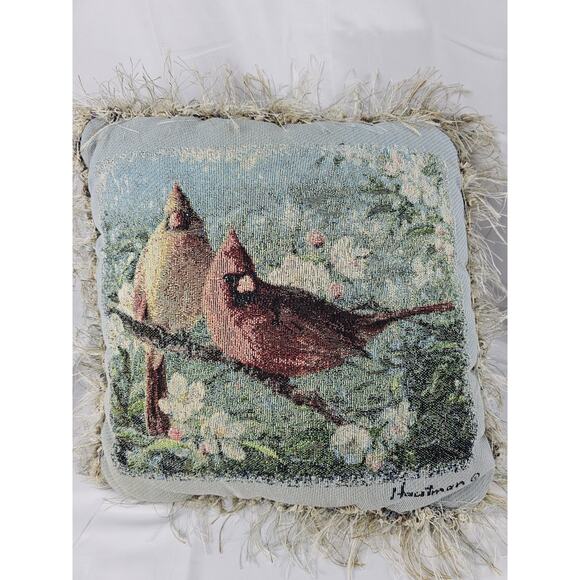 Gorgeous Tapestry Throw Pillow Features Winter Scene w/ 2‎ Cardinals on a branch - Picture 2 of 8